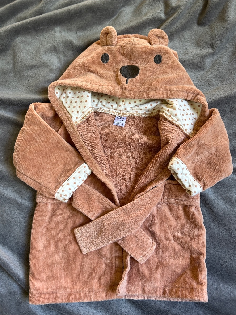 Baby Essentials Brown Bear Hooded Baby Robe with Polka-Dot Lining